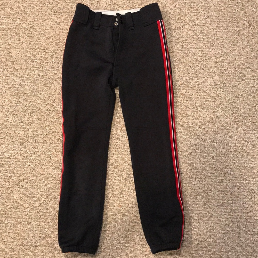 Black mizuno softball pants with red stripes